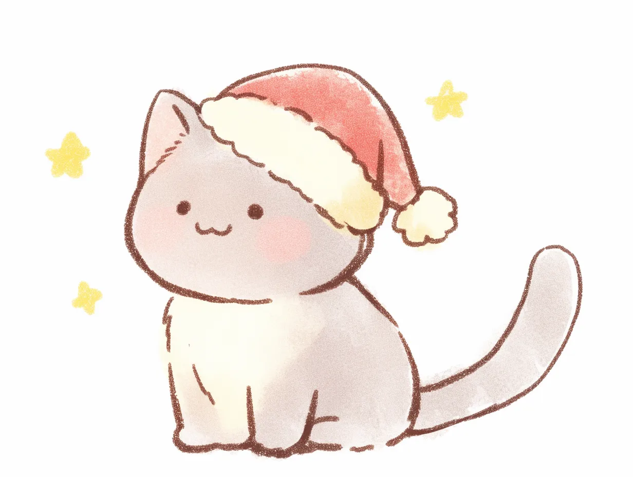 クリスマス猫の柔らかタッチイラスト｜サンタ帽をかぶった柔らかな筆致のクリスマス猫です。手描き感が特徴で、雑貨やパッケージデザインに活用できます。