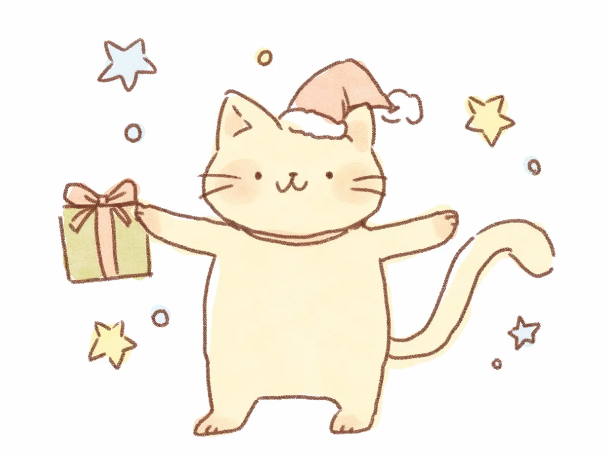 クリスマス猫のプレゼント持ちポーズ｜両手にプレゼントを掲げたクリスマス猫です。ポップで楽しい雰囲気が特徴で、SNS投稿やキャンペーン広告に活用可能です。