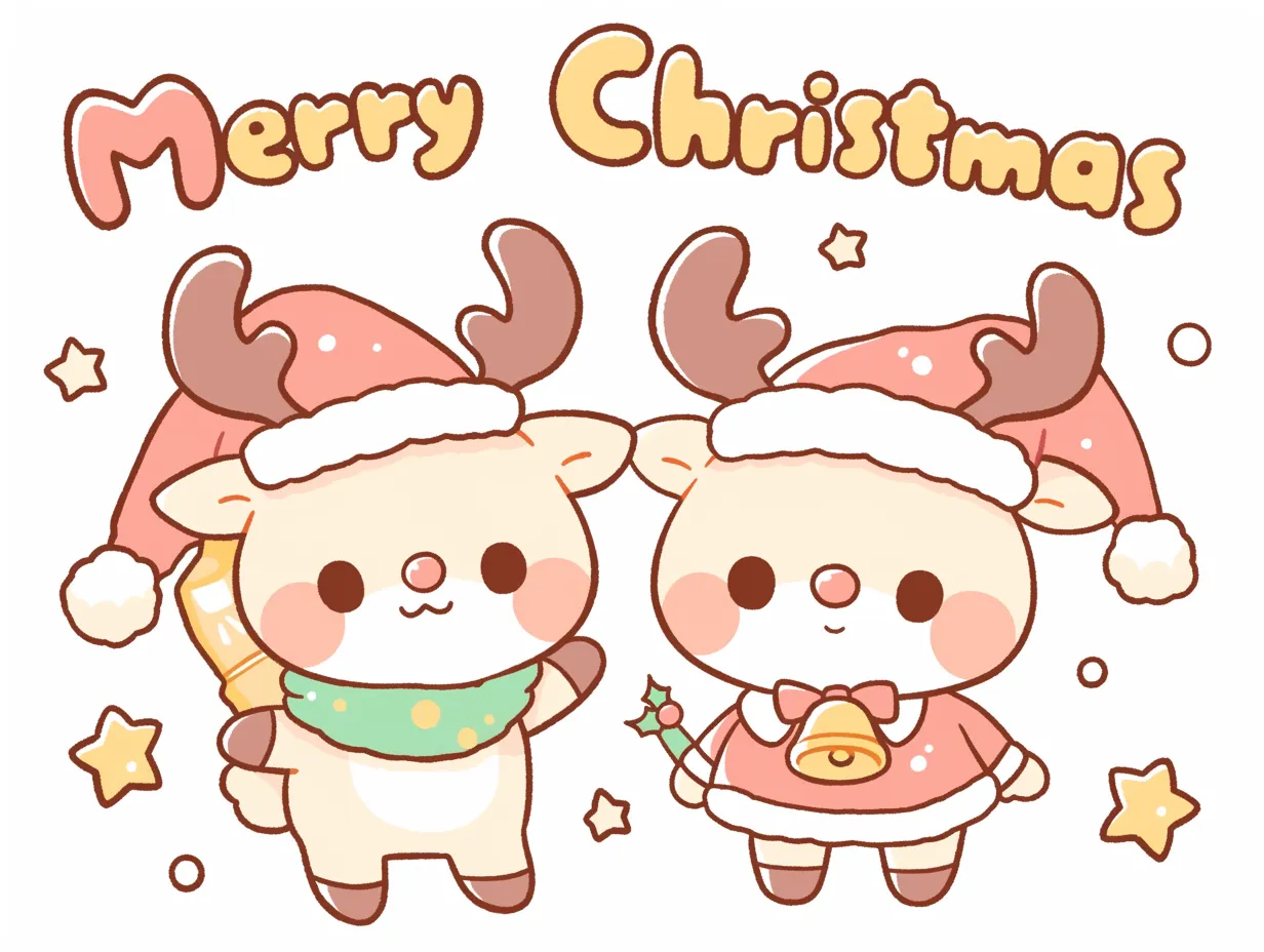 かわいいメリークリスマスのトナカイペア｜サンタ帽をかぶった2匹のトナカイが並ぶかわいいメリークリスマスのイラストです。明るい配色で、カードや販促デザインに最適です。