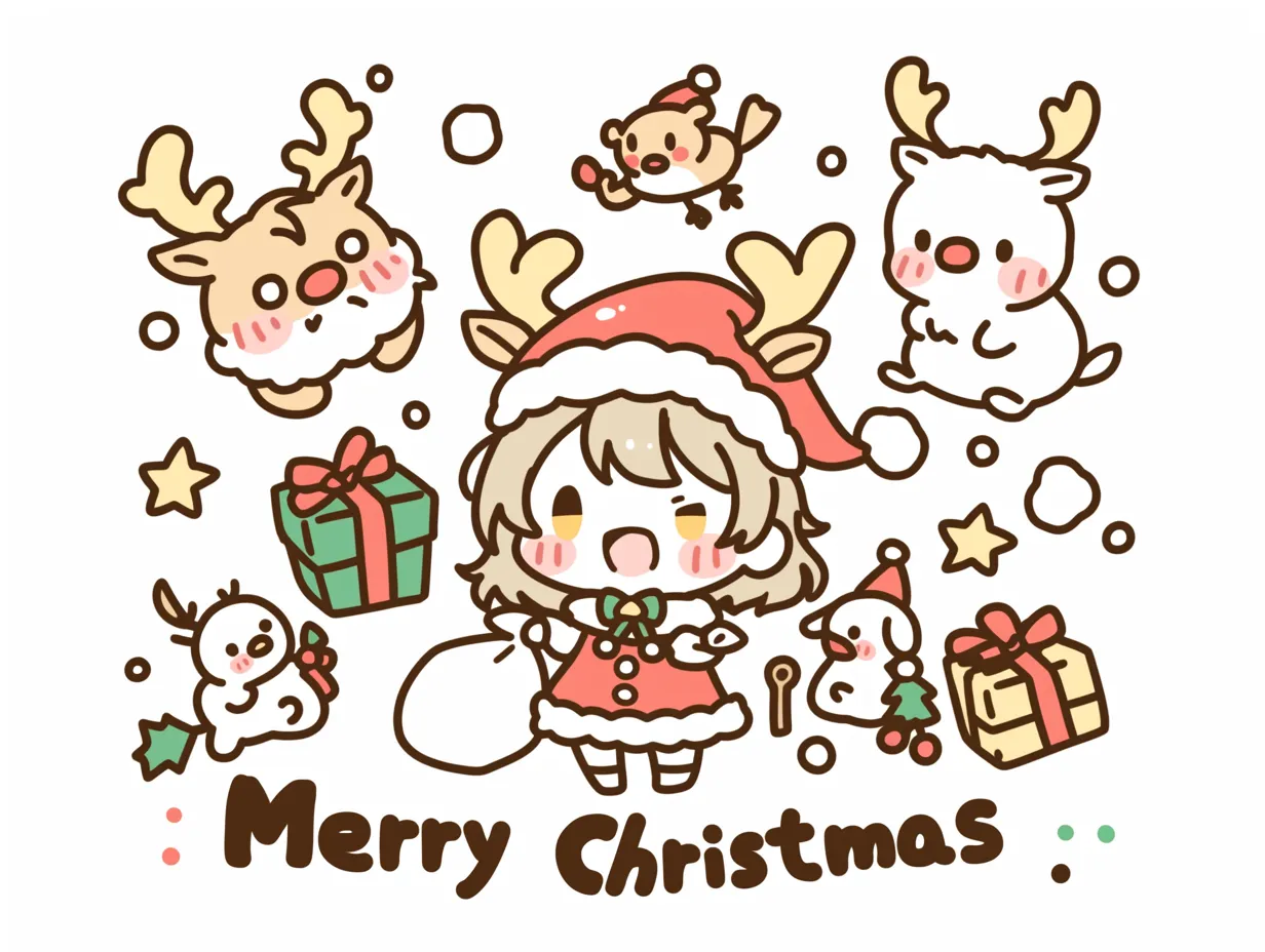 かわいいメリークリスマスの女の子と仲間｜トナカイ角をつけた女の子と動物たちが描かれたかわいいメリークリスマスのイラストです。親しみやすくPOP広告に適した素材です。