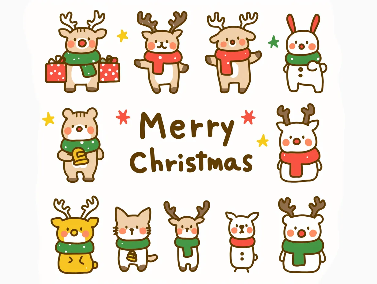 かわいいメリークリスマスのキャラクター集合｜様々な動物やキャラクターが揃うかわいいメリークリスマスのイラストです。フラットな線が特徴で、印刷物や年末イベントに向きます。