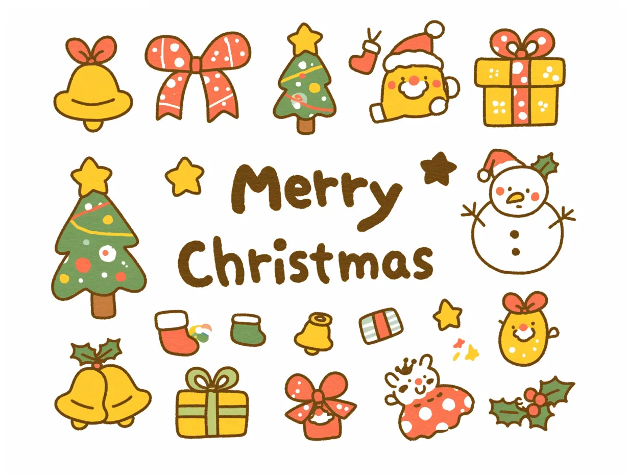 かわいいメリークリスマスの小物デザイン｜ツリーやベル、リボンなど小物が並んだかわいいメリークリスマスのイラストです。多用途で、グッズや広告に取り入れやすい素材です。