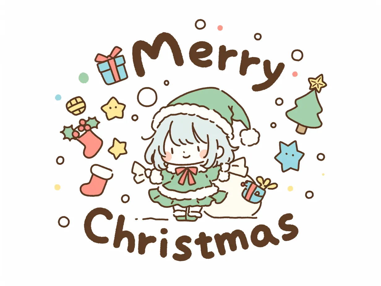 かわいいメリークリスマスの緑衣装の女の子｜緑色の衣装を着た女の子が中心のかわいいメリークリスマスのイラストです。手描き風のやわらかさがあり、販促やWEB素材に最適です。