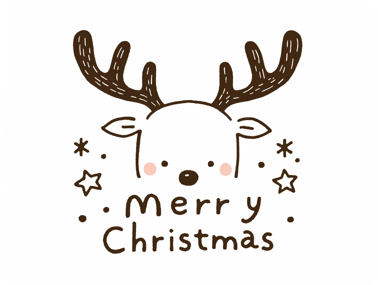 手書きメリークリスマスのトナカイ顔｜シンプルな線画で描かれたトナカイの顔と星飾りの手書きメリークリスマスです。ミニマルで親しみやすく、カードやWEB素材に最適です。