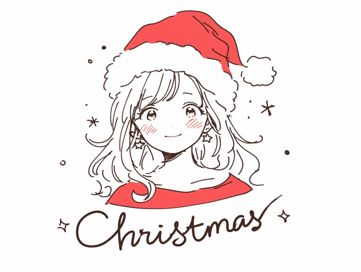 手書きメリークリスマスのサンタ帽の女性｜サンタ帽をかぶった女性が微笑む手書きメリークリスマスのイラストです。繊細なタッチが大人向けで広告や雑誌デザインに適します。