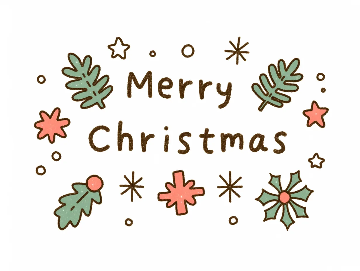 手書きメリークリスマスの植物装飾｜葉や花を散りばめた手書きメリークリスマスのデザインです。ポップでカラフルな雰囲気があり、POP広告や販促ツールに活用可能です。
