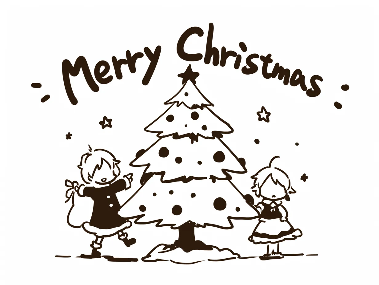 手書きメリークリスマスのツリーと子供｜クリスマスツリーと子供を描いた手書きメリークリスマスです。モノトーンの表現が独特で、冊子や印刷物に適した素材です。