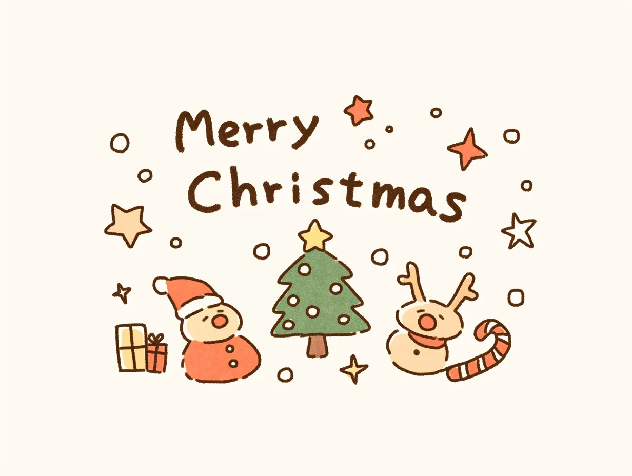 手書きメリークリスマスのサンタとトナカイ｜サンタとトナカイがツリーと並ぶ手書きメリークリスマスです。やさしい色合いで親しみやすく、商品パッケージに活用できます。