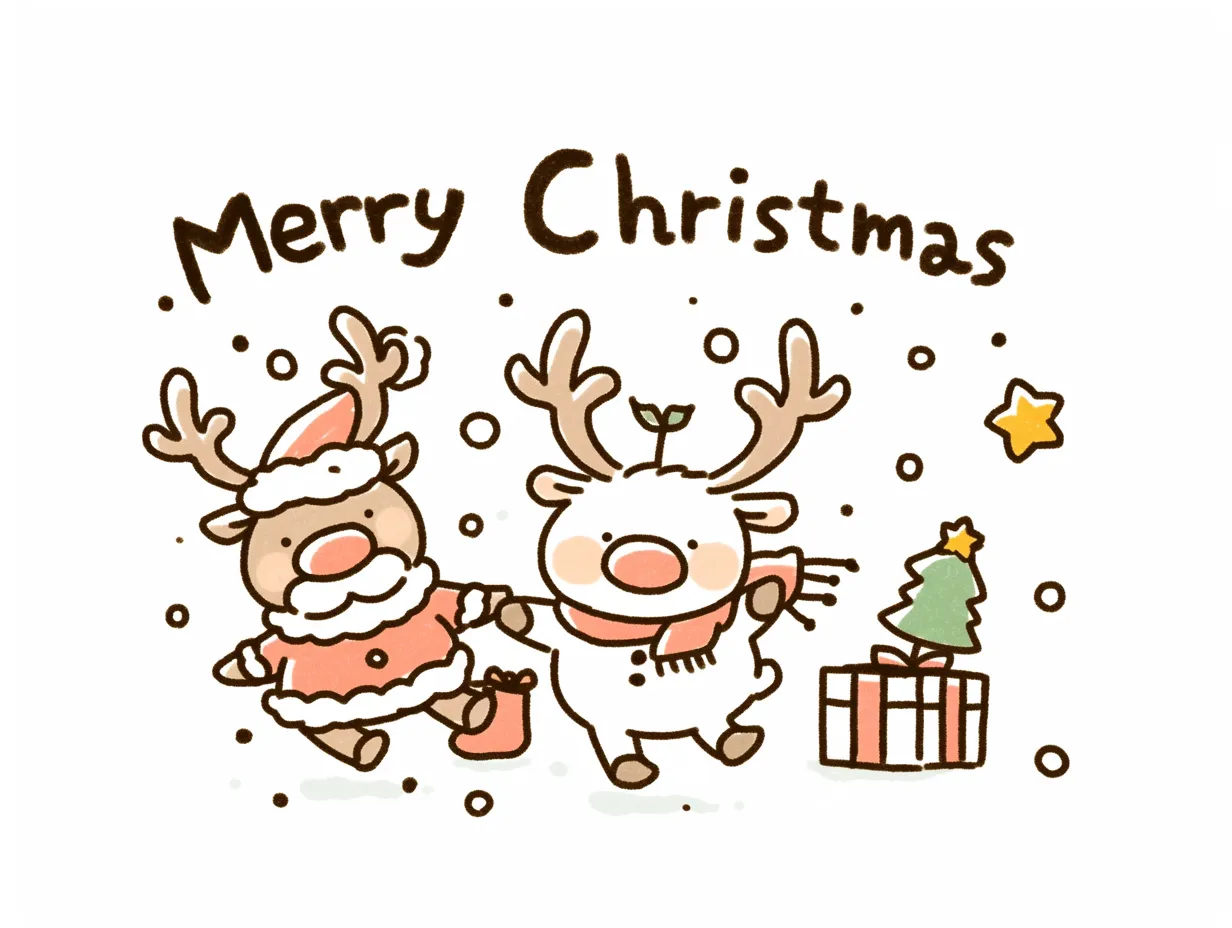 手書きメリークリスマスのトナカイペア｜2匹のトナカイが楽しげに描かれた手書きメリークリスマスです。雪と星がアクセントになり、イベント広告やカードに適した素材です。