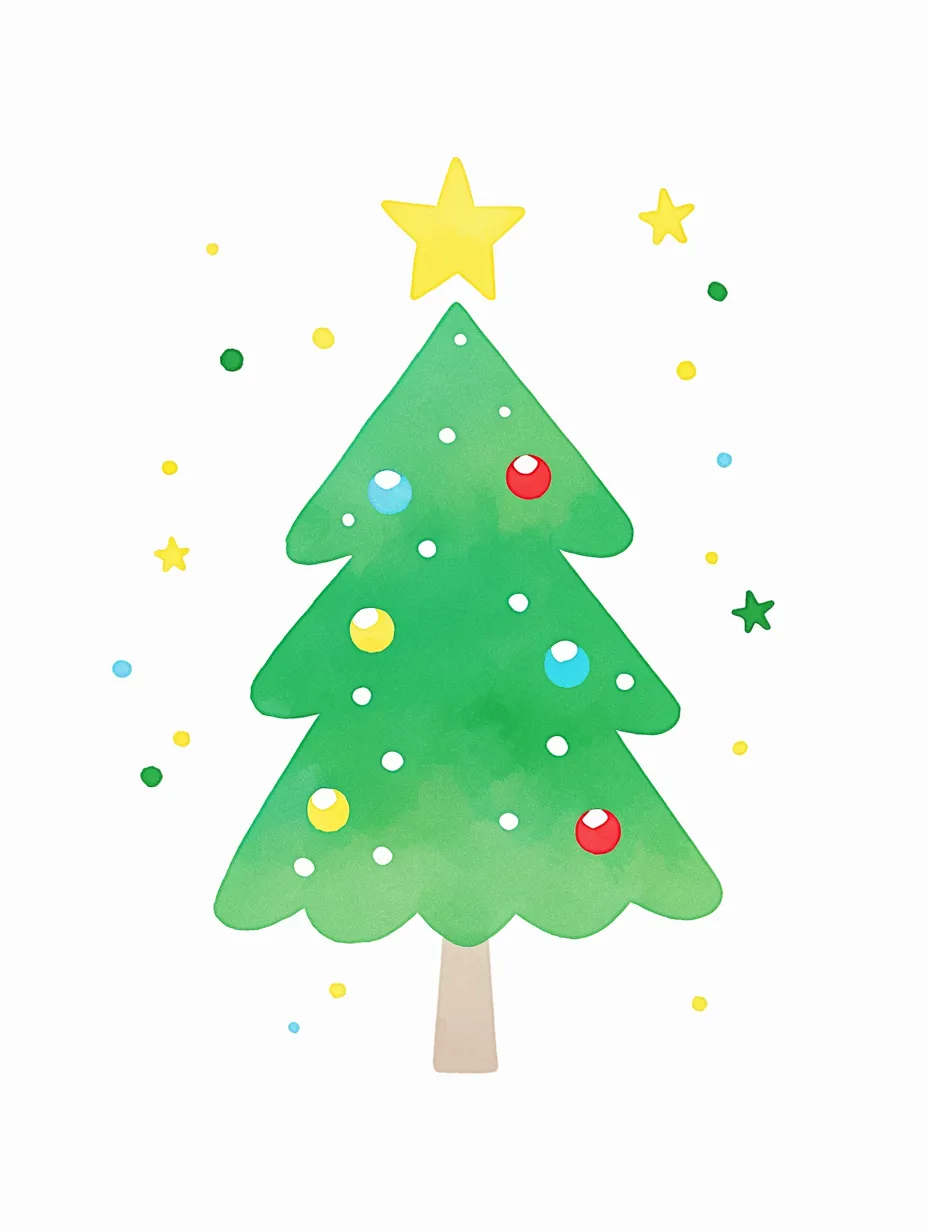 かわいいクリスマスツリーのシンプル飾り｜星を頂点に置いたかわいいクリスマスツリーです。淡い色合いとバランスの取れた装飾が特徴で、広告や子供向けデザインに適しています。