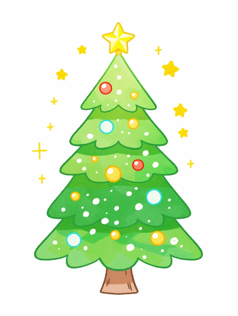 かわいいクリスマスツリーの華やか装飾｜雪と星に包まれたかわいいクリスマスツリーです。立体感ある描写が印象的で、イベントポスターや販促素材に最適です。