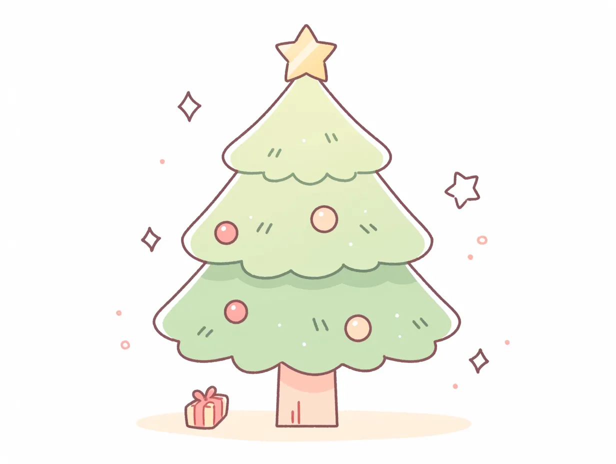 かわいいクリスマスツリーのプレゼント付き｜根元にプレゼントを添えたかわいいクリスマスツリーです。やわらかい線と淡色が親しみやすく、雑貨やSNS向けデザインに最適です。