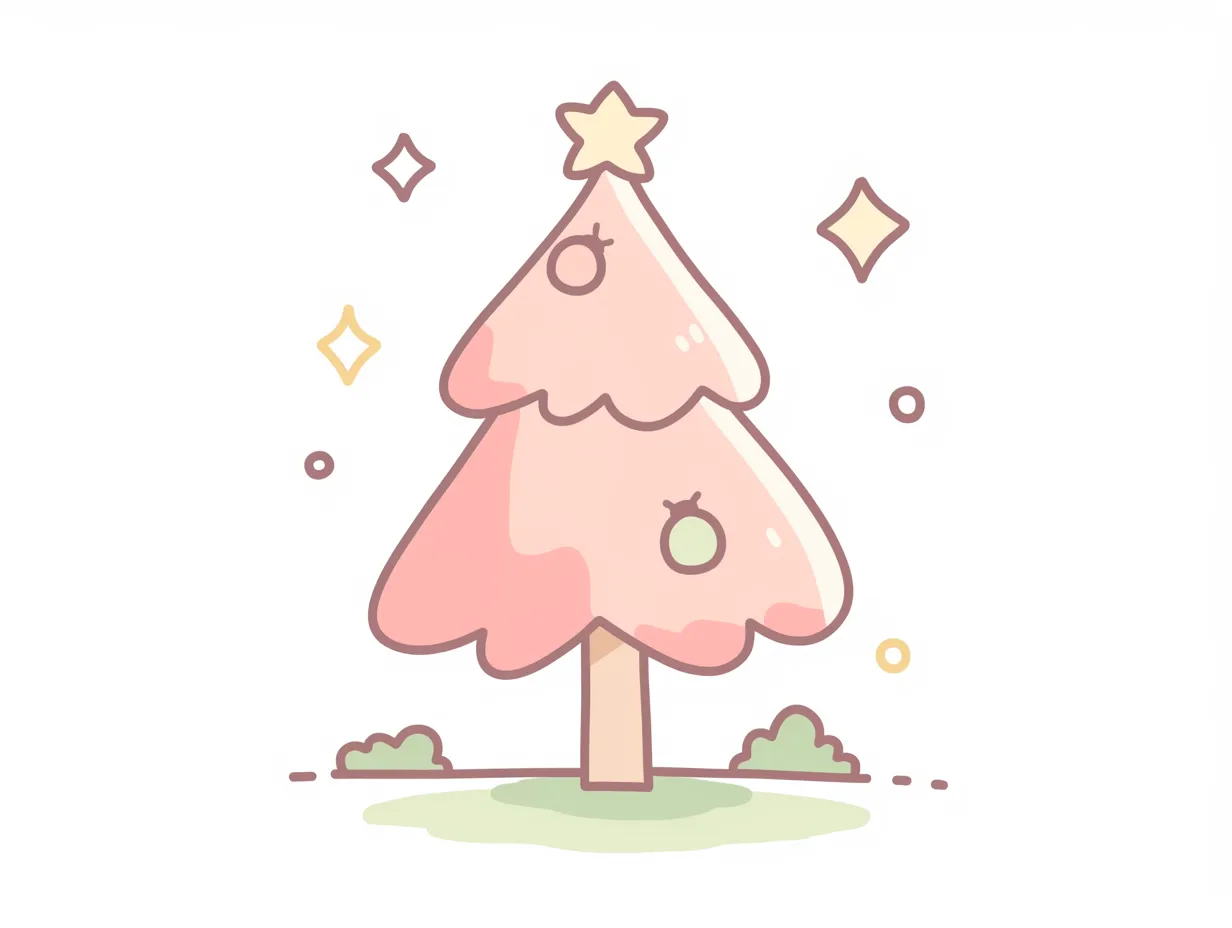 かわいいクリスマスツリーのピンクカラー｜ピンク色に彩られた個性的なかわいいクリスマスツリーです。柔らかな雰囲気が魅力で、子供向けイベントや商品デザインに活用できます。