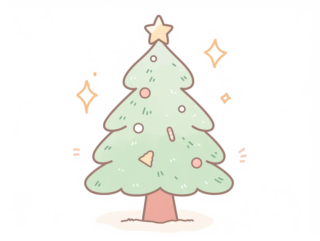 かわいいクリスマスツリーのほのぼのタッチ｜パステル調で描かれたかわいいクリスマスツリーです。やわらかい線と色合いが心地よく、POPやカレンダー素材に適したデザインです。