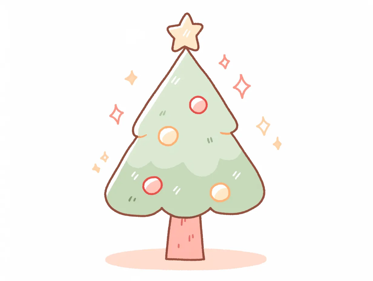 かわいいクリスマスツリーの明るい装飾｜星とオーナメントが映えるかわいいクリスマスツリーです。全体がすっきりとした構成で、広告やキャンペーン用に利用しやすい素材です。