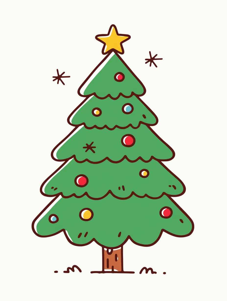 手書きクリスマスツリーのポップ調｜カラフルなオーナメントが映える手書きクリスマスツリーです。シンプルで親しみやすい表現が特徴で、POP広告やパッケージに適しています。