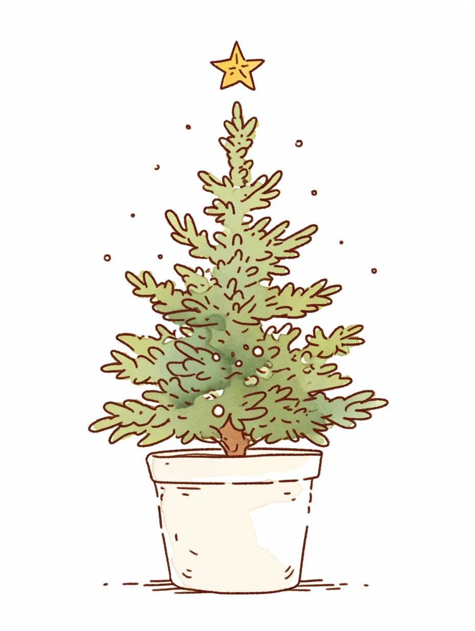 手書きクリスマスツリーの鉢植えデザイン｜鉢植えに収められた手書きクリスマスツリーです。自然で素朴なタッチが印象的で、雑貨やライフスタイル関連素材に向いたデザインです。