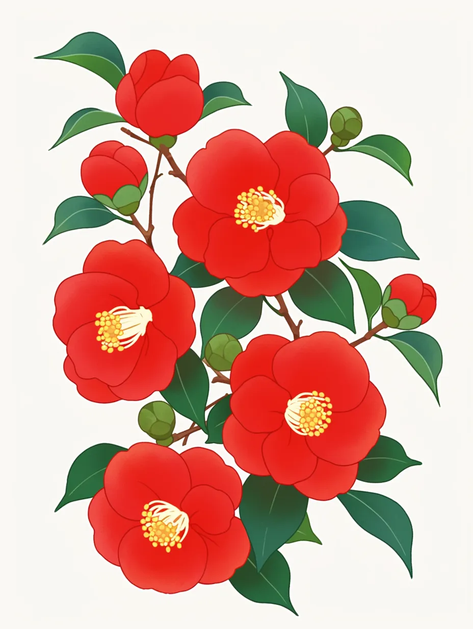 12月の花赤い椿の群れ｜複数の椿が咲き誇る姿を丁寧に描き、冬の力強さを感じさせます。12月の花を象徴する鮮やかな赤が目を引き、年末シーズンの広告や印刷物に適したビジネス写真素材です。