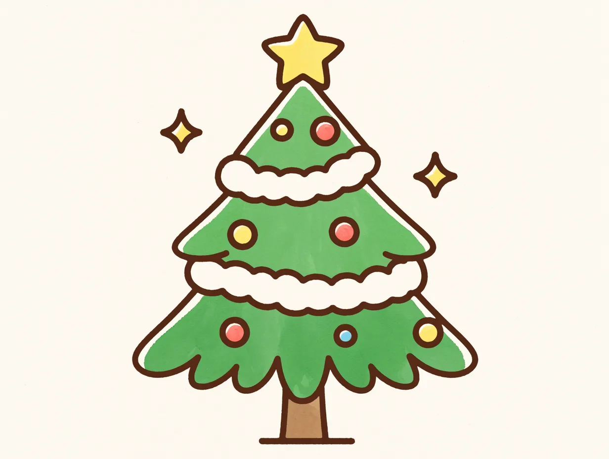 手書きクリスマスツリーのクラシック装飾｜雪をあしらったクラシックな手書きクリスマスツリーです。きらめく装飾が印象的で、ポスターやシーズンイベント用に活用可能です。