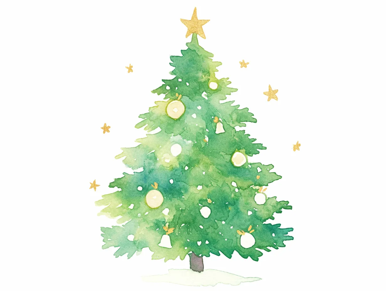 手書きクリスマスツリーの横広がりデザイン｜横に広がる枝ぶりを描いた手書きクリスマスツリーです。水彩の柔らかい風合いが温かみを与え、年末販促やギフト関連広告に最適です。