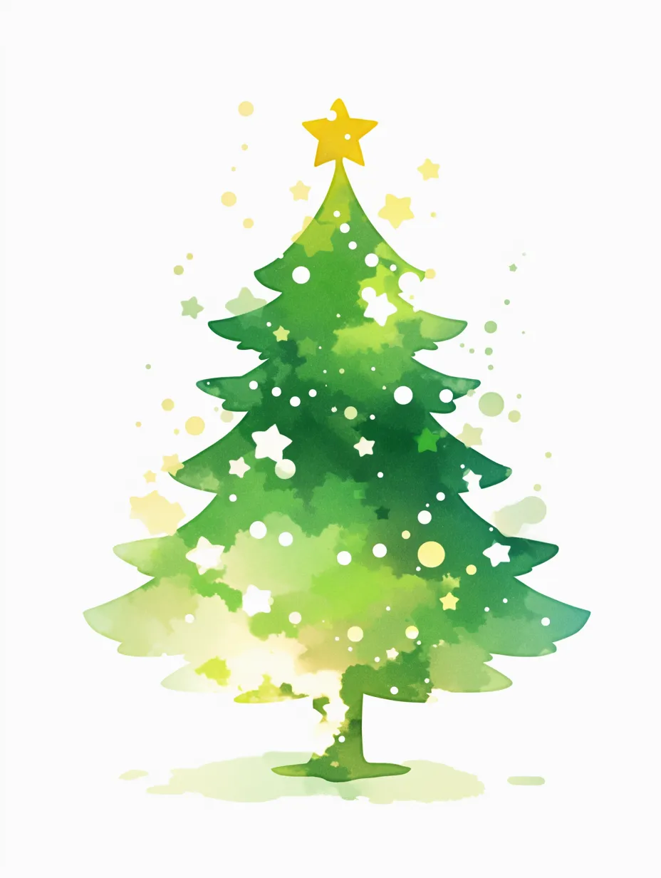 星と光がおしゃれクリスマスツリー｜淡い水彩風で描かれたツリーは、光や星の散りばめられた幻想的な雰囲気が特徴です。おしゃれクリスマスツリーとして、広告やカードデザインに使いやすい洗練された印象を与えます。