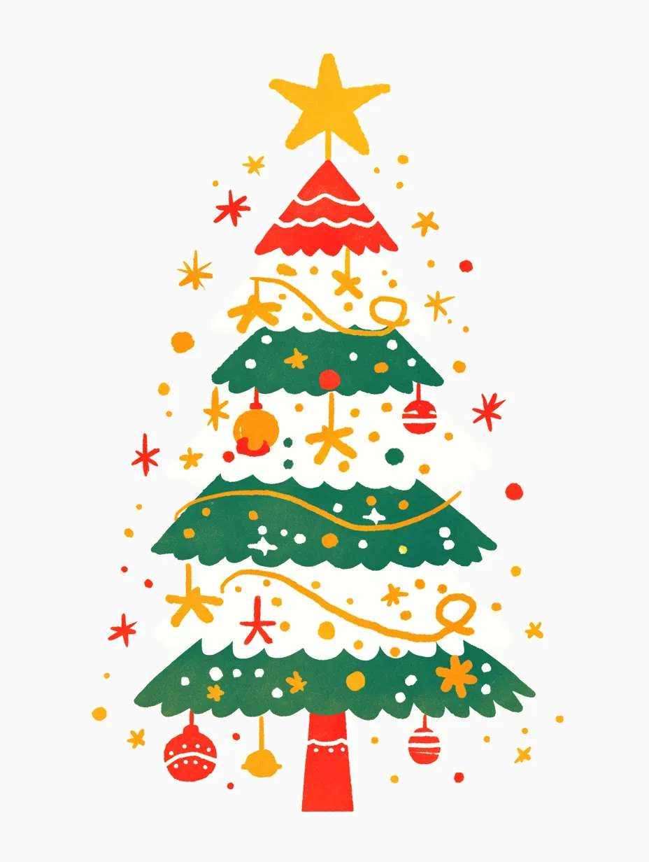 装飾豊かなおしゃれクリスマスツリー｜赤と緑を基調にオーナメントが散りばめられた構成で、温かみのある印象が際立ちます。おしゃれクリスマスツリーとして、イベント告知や販促資料に最適な素材です。