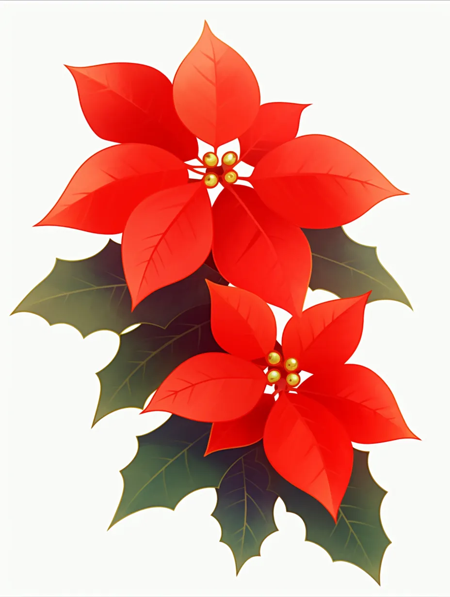 12月の花リアルなポインセチア｜鮮烈な赤と深い緑のコントラストで描かれたポインセチアが、華やかな印象を与えます。12月の花を鮮明に表現し、店舗ディスプレイや商品イメージの素材に最適な写真素材です。