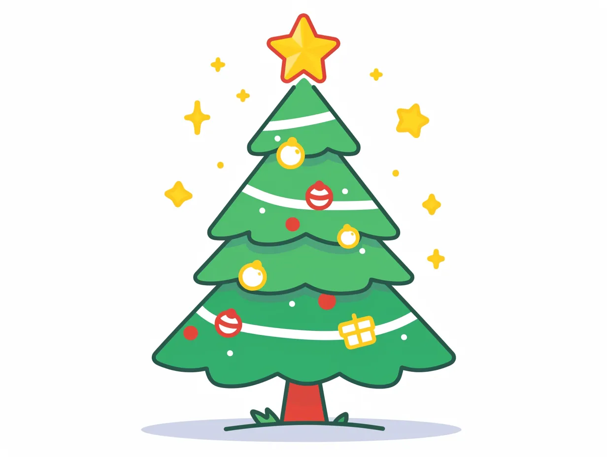 可愛らしいおしゃれクリスマスツリー｜イラスト風に描かれた丸みのあるフォルムとプレゼント装飾が親しみやすい印象。おしゃれクリスマスツリーとして、子供向けやカジュアルなビジネスシーンに適します。