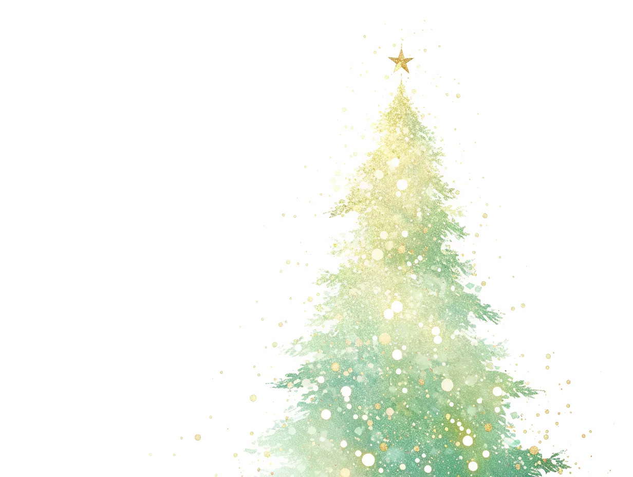 繊細な輝きのおしゃれクリスマスツリー｜淡いグラデーションと光の粒で幻想的に表現された構図が特徴。おしゃれクリスマスツリーとして、洗練された雰囲気を求める広告や雑誌デザインに向いています。
