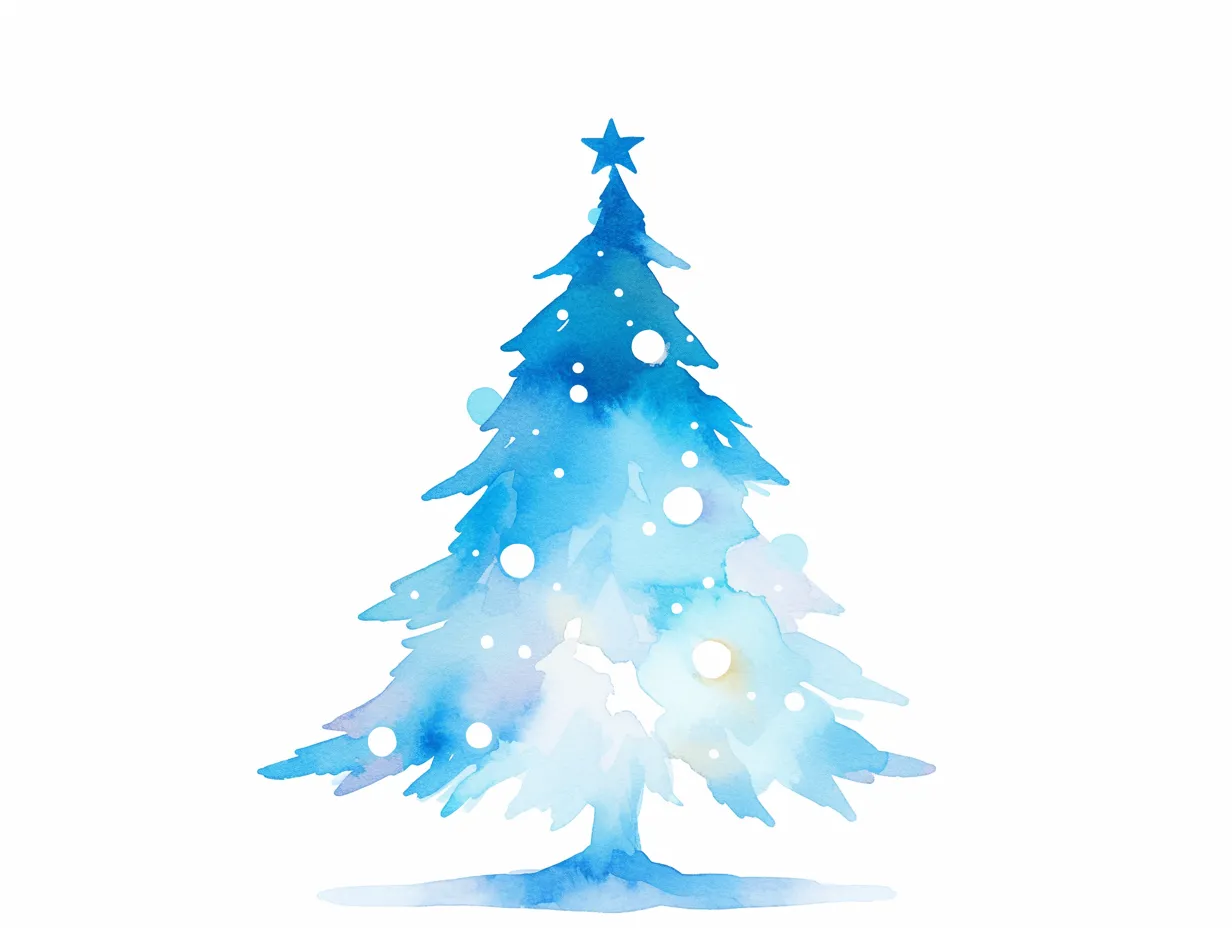 ブルー基調のおしゃれクリスマスツリー｜青を主体とした透明感ある水彩タッチで、冬らしい清涼感を演出。おしゃれクリスマスツリーとして、落ち着きと洗練を兼ね備えたデザインに使いやすい素材です。