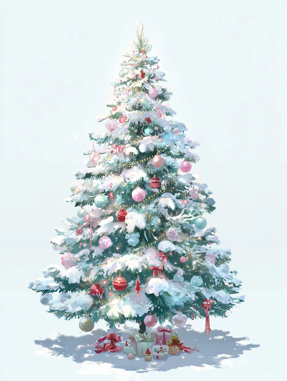 リアルなクリスマスツリー雪と飾り付き｜華やかなオーナメントと雪の質感をリアルに描写したリアルなクリスマスツリーです。光沢ある装飾と自然な陰影が高級感を与え、広告や商品イメージ素材として活用しやすいデザインになっています。