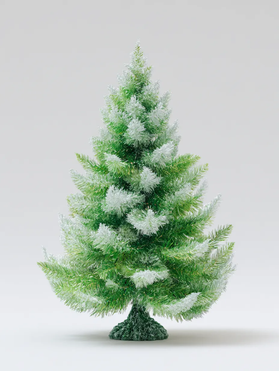 リアルなクリスマスツリー白背景スタイル｜白背景に立体感のある質感で描かれたリアルなクリスマスツリーです。ディテールが細かく、商品の訴求や背景素材として幅広く使えます。クリーンで汎用性の高いデザインです。