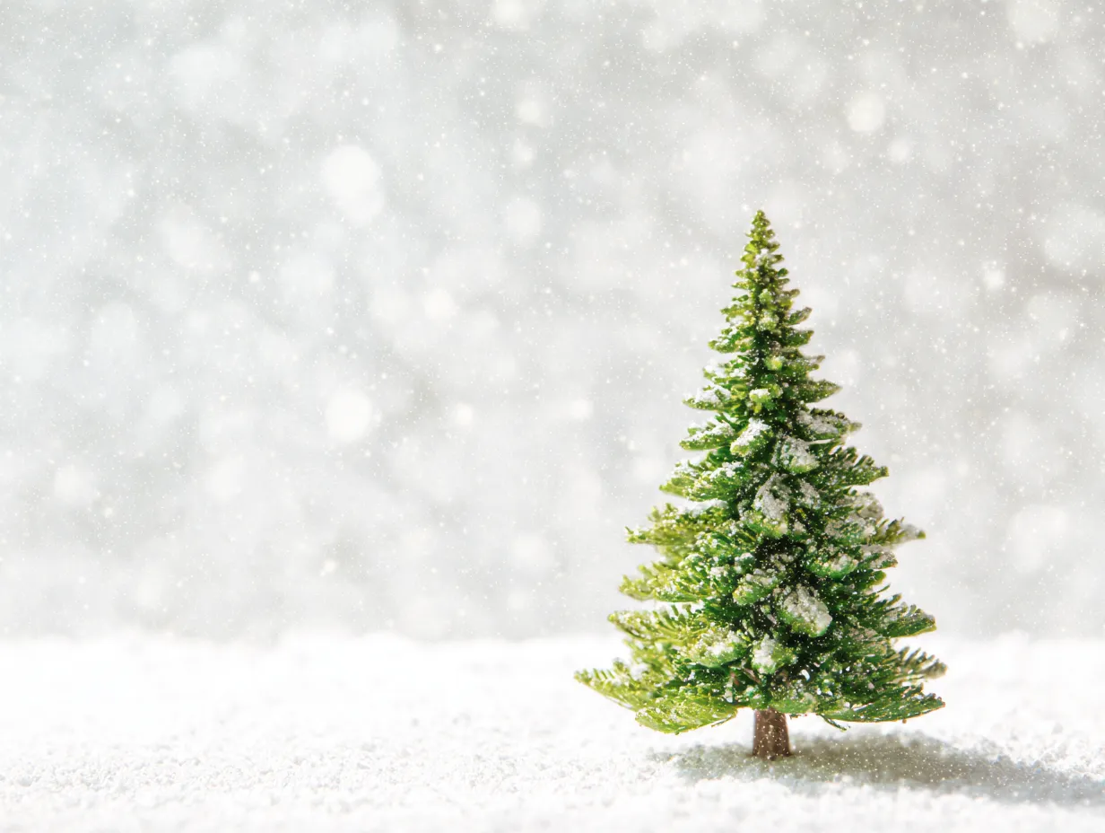 リアルなクリスマスツリー雪原の小型木｜雪に覆われた小さなリアルなクリスマスツリーです。背景のシンプルさが強調され、落ち着いた雰囲気を演出します。冬の販促素材やアイキャッチとして利用しやすい構図になっています。