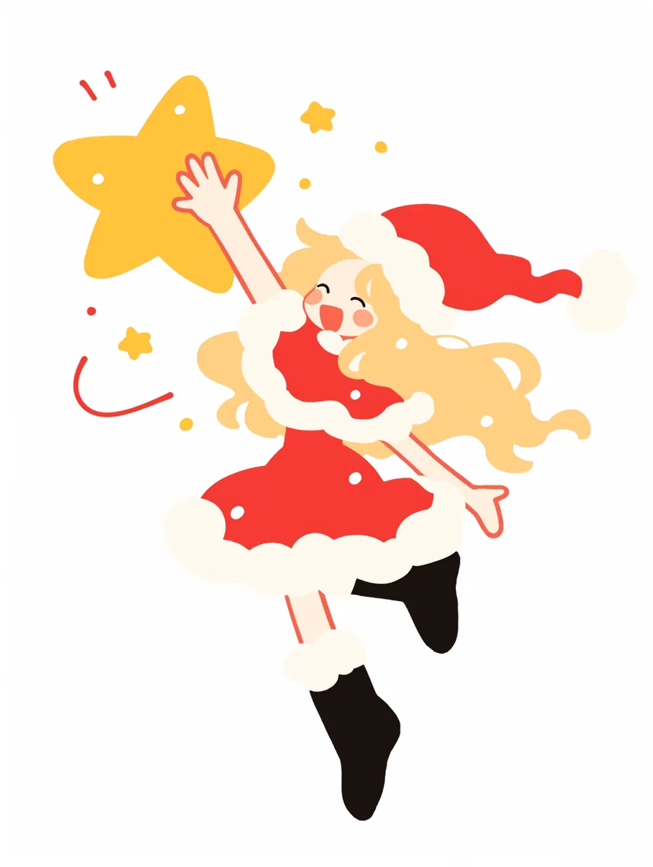 かわいいサンタ衣装の女性イラスト｜ミニマルな配色とシルエットで構成されたかわいいサンタ衣装の女性。星を掴むポーズが華やかで、季節キャンペーンの素材に映えるスタイルです。