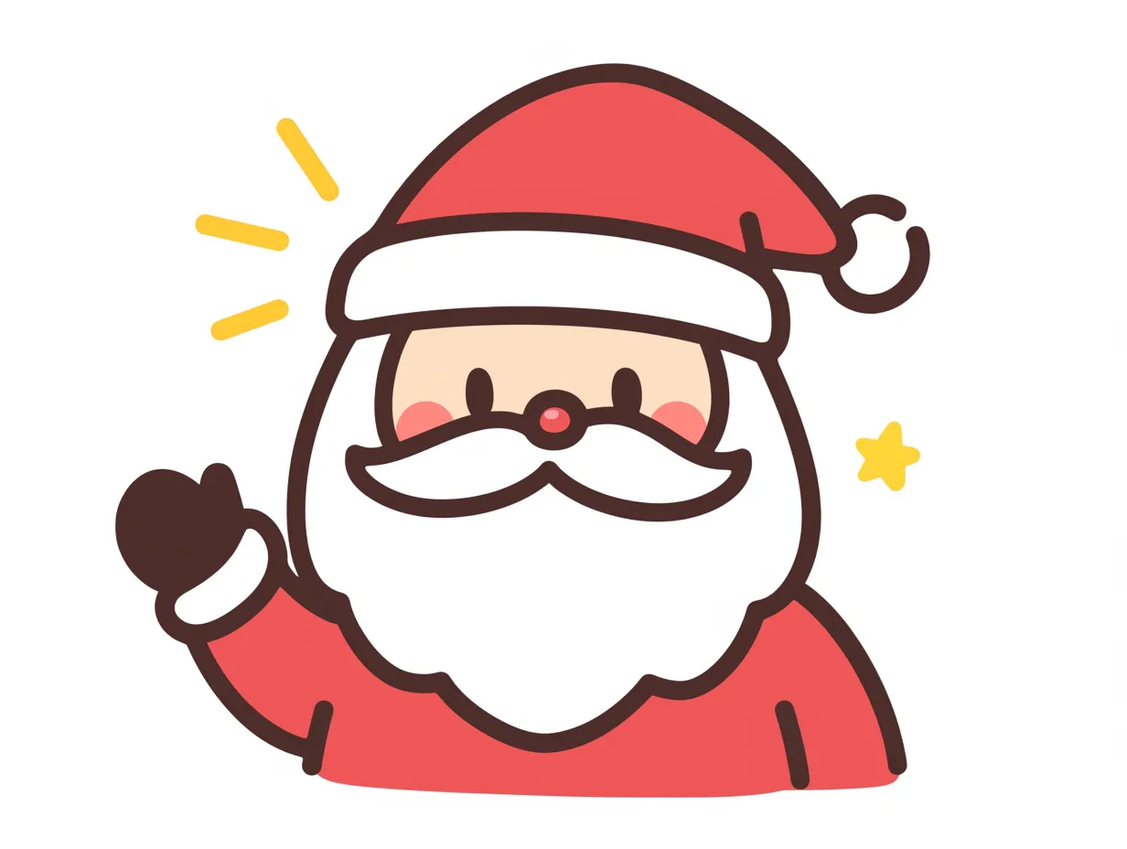 かわいいサンタが手を振るイラスト｜丸みを帯びた線と柔らかな配色で描かれたかわいいサンタ。フレンドリーな雰囲気が親しみを与え、WEBやアプリのアイコンにも活用できます。