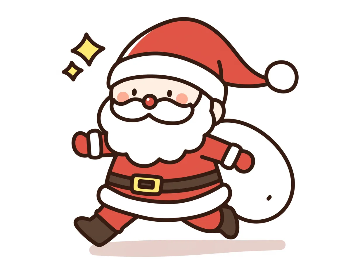 ゆるいサンタが駆け足で進む姿｜軽快なタッチで描かれたゆるいサンタ。大きな袋を持ちながら駆ける構図が楽しく、ECサイトやキャンペーン用バナーに活用しやすいデザインです。