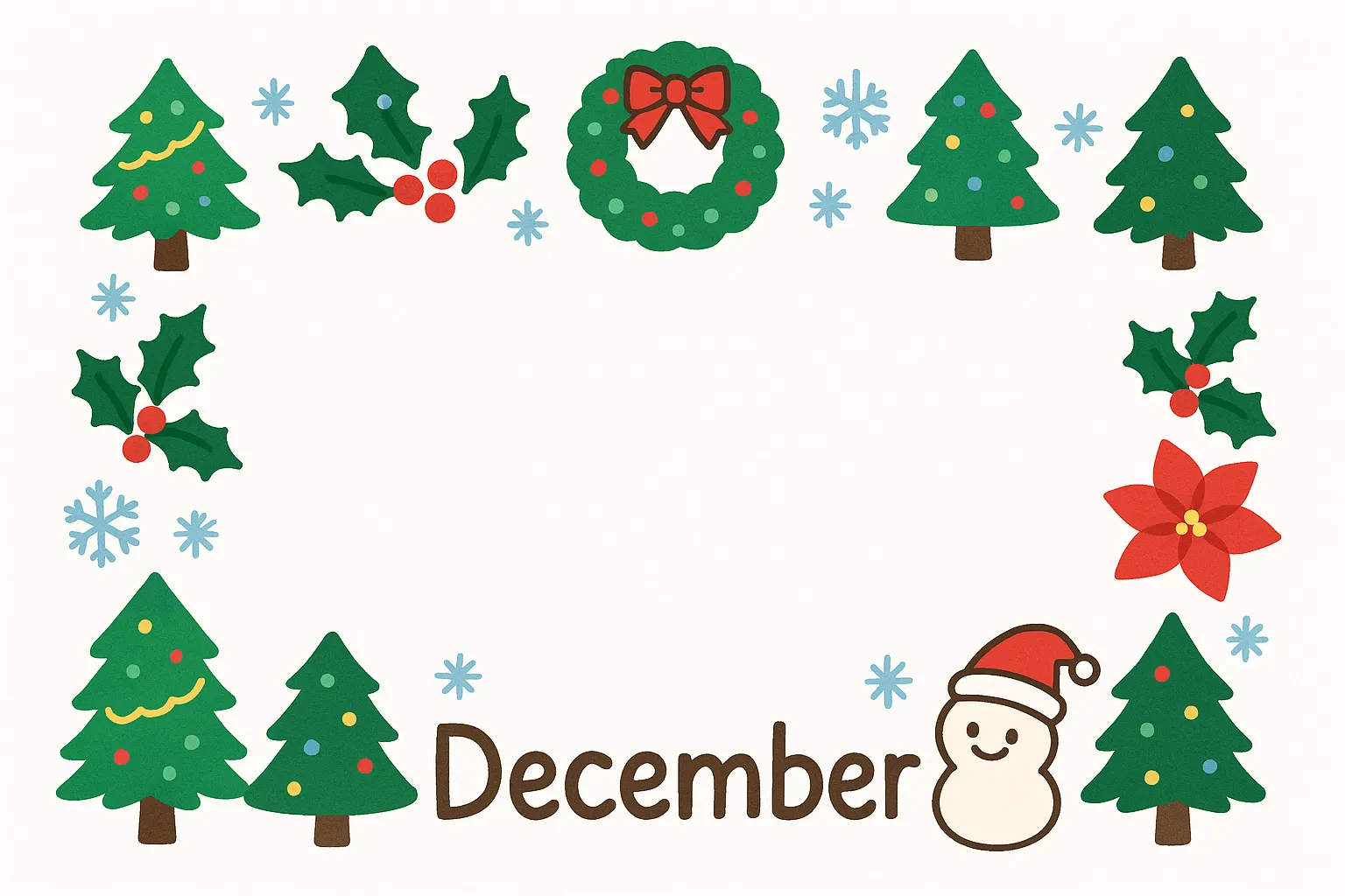 12月フレームクリスマスリースとツリー｜ツリーやリースを組み合わせた明るい構成で、冬らしい楽しさを伝えます。12月フレームとして広告やイベント案内に使いやすく、中央のスペースを活用しやすい実用的なビジネス写真素材です。