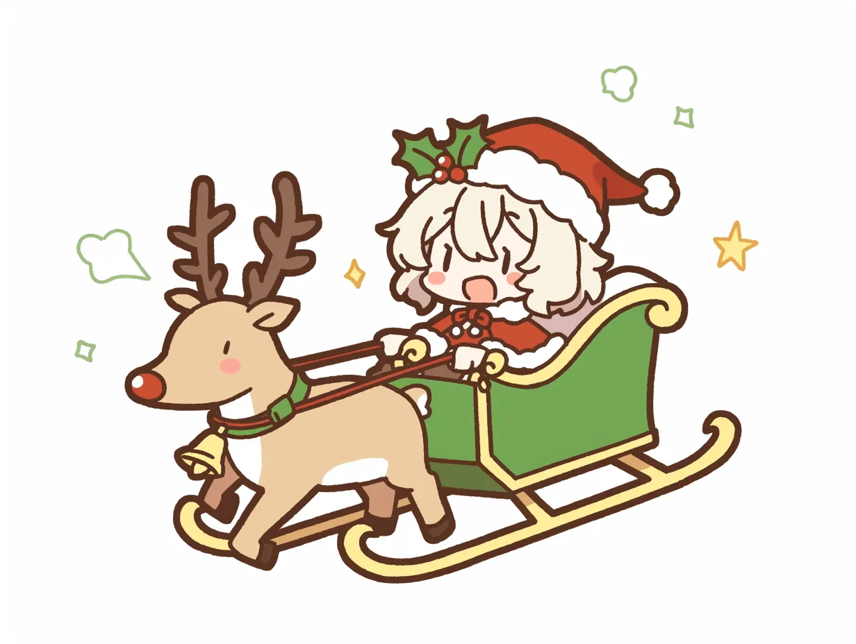 サンタとトナカイが走るかわいい姿｜柔らかい色合いとポップな線で描かれたサンタとトナカイ。子供向けの雰囲気があり、SNSやWEB広告に季節感を与える素材です。