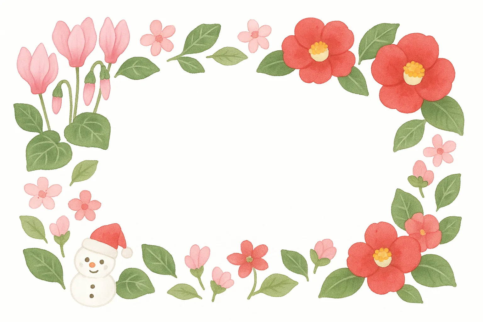 12月フレーム花と雪だるまイラスト｜シクラメンや椿の花に雪だるまを加えた柔らかい雰囲気のデザインです。12月フレームとして学校や地域行事の案内に活用でき、季節感と温かさを兼ね備えた写真素材です。