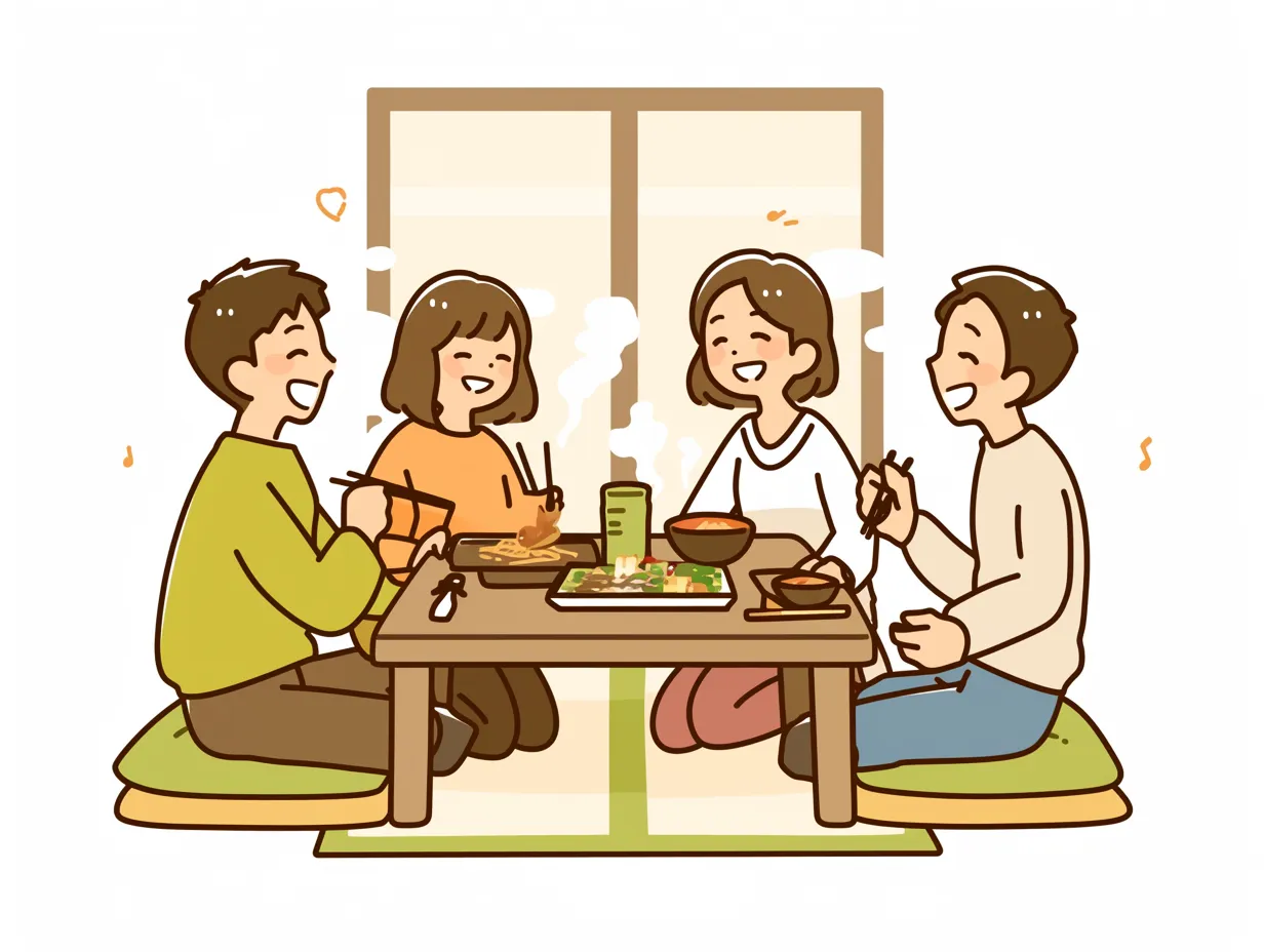 大晦日の座敷で囲む食事風景｜和室の座敷で家族が笑顔で食事を楽しむ大晦日の場面を描いたイラストです。シンプルな線とあたたかみのある色使いが、日本的な年末の雰囲気を伝えるビジネス写真素材に適しています。