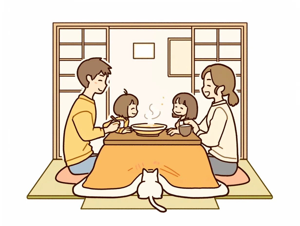 大晦日の家族こたつ食卓風景｜家族と猫がこたつを囲んで食事を楽しむ大晦日の様子を描いたイラストです。柔らかなタッチと落ち着いた色合いが心地よさを強調し、年末の家庭的シーンに最適なビジネス写真素材です。