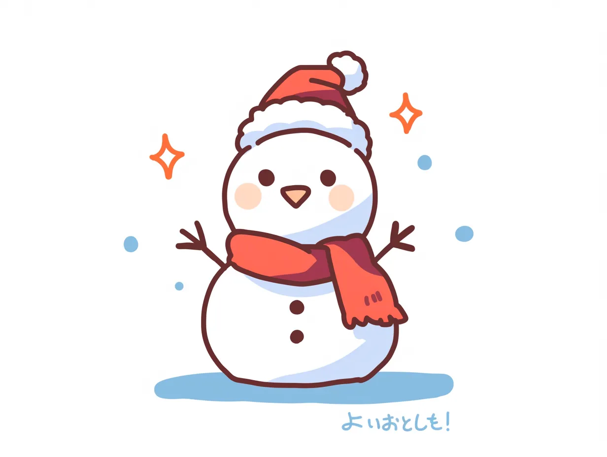 年末の雪だるまイラスト｜かわいらしい雪だるまがサンタ帽子と赤いマフラーを身に着け、明るい雰囲気を演出しています。シンプルな線と柔らかな色合いが、年末の素材として温かさを感じさせ、挨拶やカードデザインに活用しやすいビジネス向けのイラストです。