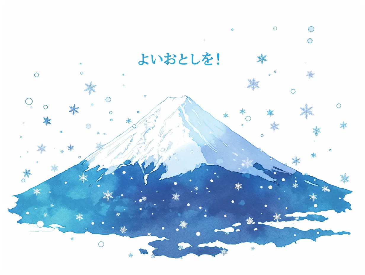 年末の富士山イラスト｜雪をいただいた富士山が水彩タッチで描かれ、青い雪の結晶が舞うデザインです。清涼感と静けさが融合し、年末のご挨拶や季節感を演出する場面に最適です。ビジネス用途でも印象的に使える素材です。