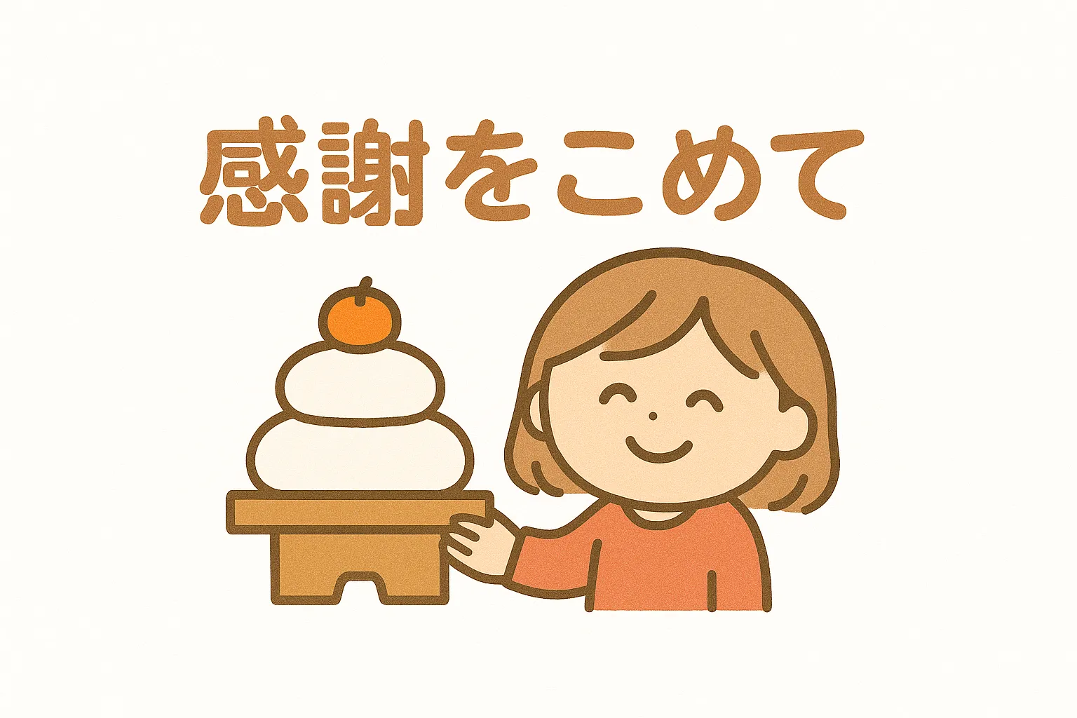 年末の挨拶で鏡餅を持つ子供｜子供が笑顔で鏡餅を差し出す姿が描かれたイラストです。親しみやすい色合いと柔らかなタッチが特徴で、年末の挨拶を伝える素材として広告や年賀キャンペーンに効果的です。