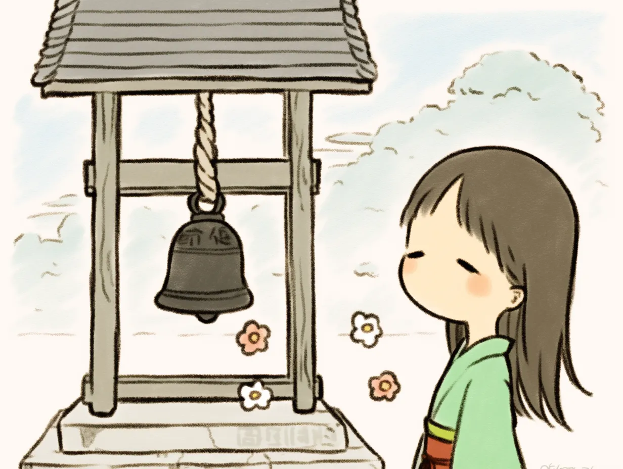 除夜の鐘と少女のイラスト｜和装の少女と小さな鐘を描いた構図で、優しいタッチが印象的です。除夜の鐘を背景に人物を加えることで物語性が高まり、親しみやすい素材となっています。年末年始の季節感をやわらかく表現できる写真素材です。