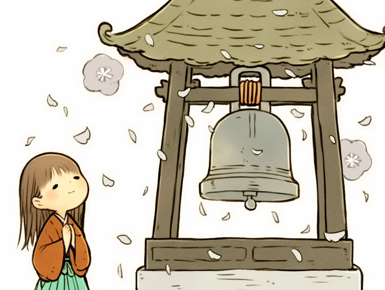 除夜の鐘と祈る少女イラスト｜花びらが舞う中で鐘を見上げる少女が描かれた繊細な構成です。除夜の鐘の荘厳さに人の祈りを組み合わせたことで、温かみと厳かな印象を併せ持つビジネス写真素材として利用できます。伝統と希望を感じさせます。