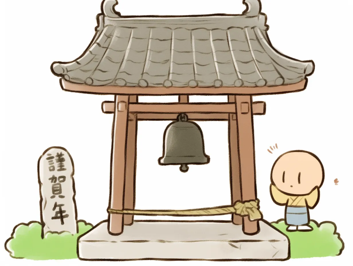 除夜の鐘と僧侶のイラスト｜鐘楼と小さな僧侶を描いた温かみあるイラストです。除夜の鐘をコミカルかつ和やかに描写しているため、親しみやすさが強調されています。新年を迎える場面に合わせたビジネス写真素材として幅広く活用可能です。