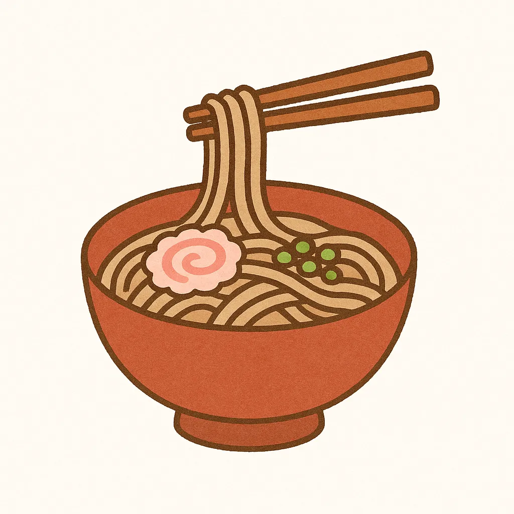 年越しそばの丼イラスト｜丸い器に盛られた年越しそばを柔らかな線で描いたイラストです。シンプルな表現ながら温かみがあり、年末の食文化を伝えるビジネス写真素材として、告知や挨拶用に適しています。