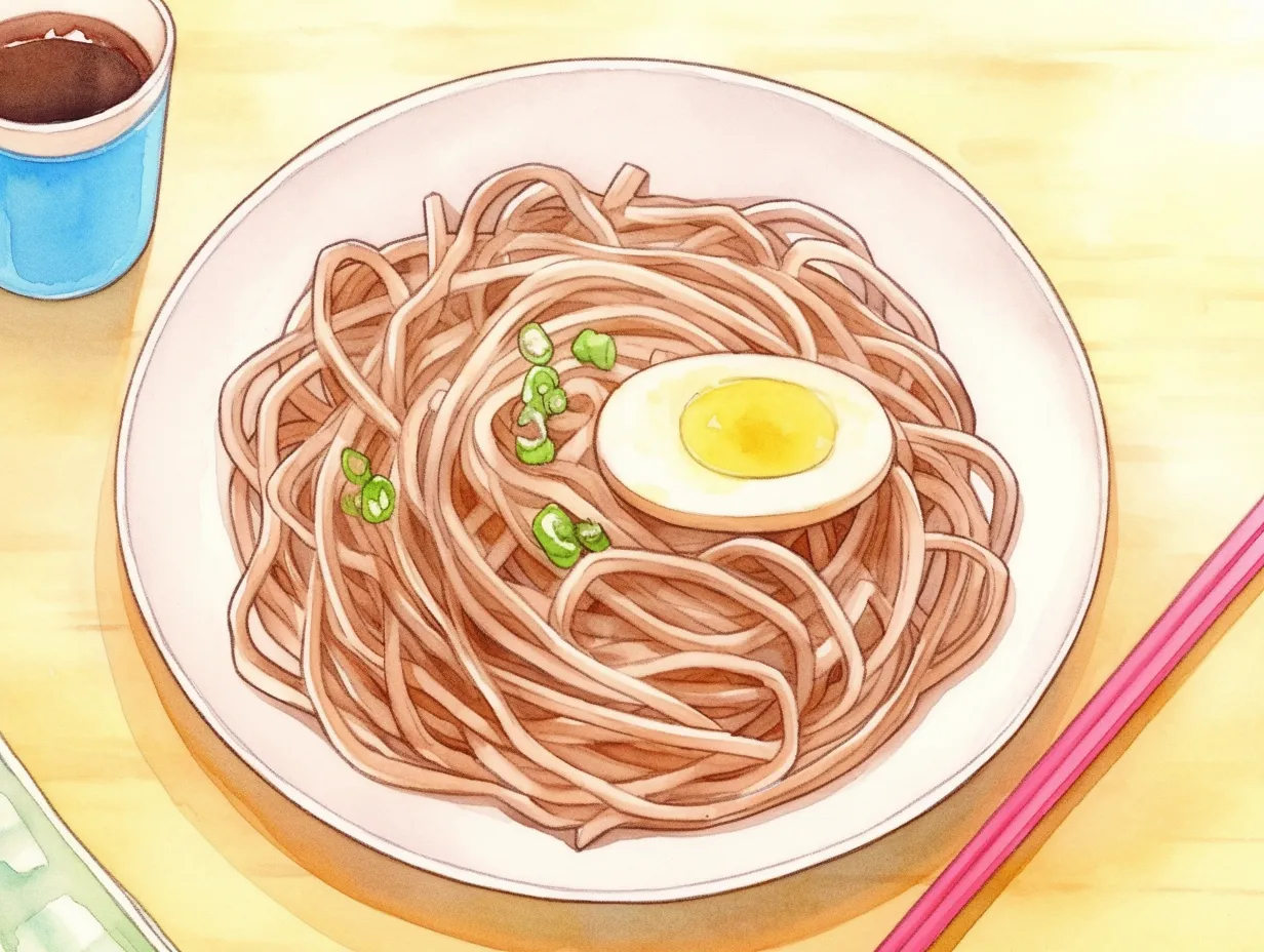 年越しそばと卵のイラスト｜半熟卵が添えられた年越しそばを柔らかな色合いで描いた一枚です。家庭的で親しみやすい雰囲気があり、年越しそばをテーマにしたビジネス写真素材として幅広い用途に対応できます。