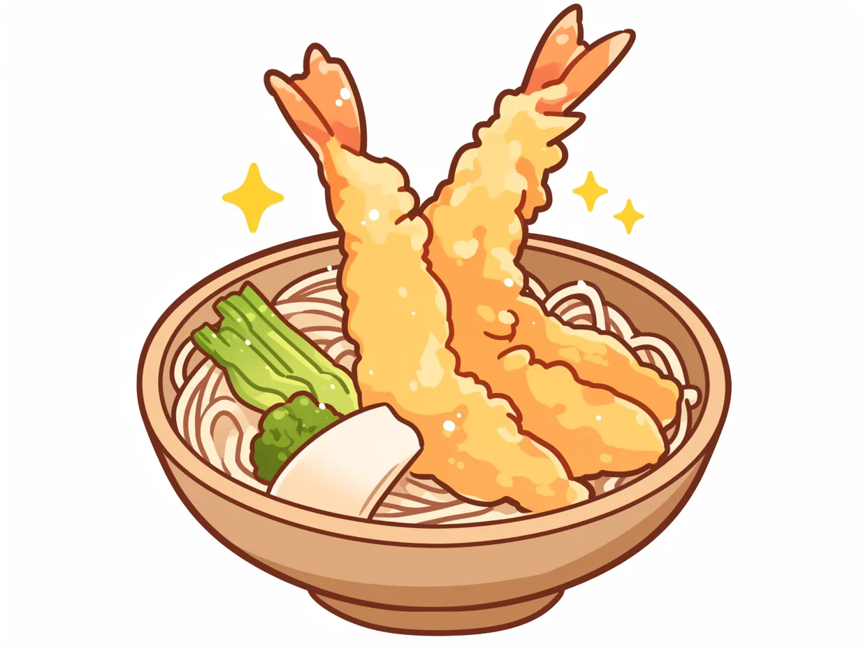 年越しそばと天ぷらイラスト｜えび天ぷらを豪快にのせた年越しそばを明るい色合いで描写しています。華やかさと美味しさが伝わるデザインで、飲食関連や季節キャンペーン素材として効果的な写真素材です。
